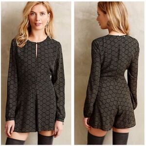 Harlyn Honeycomb Geometric Button Down Long Sleeve Romper Black White Orange